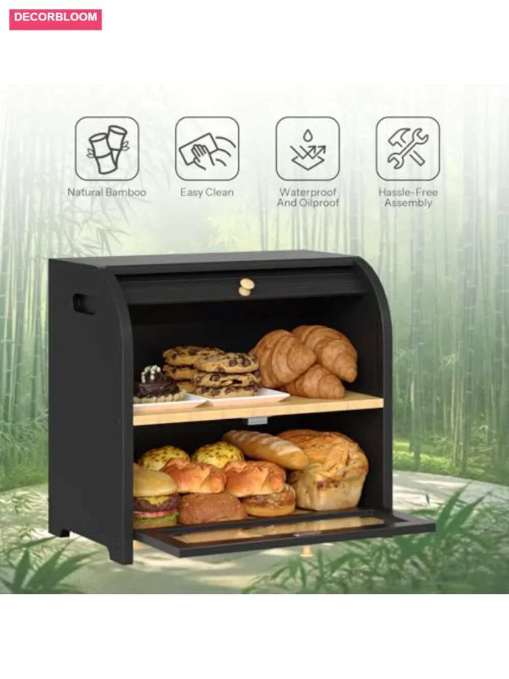 Bamboo 2-Tier Roll-Top Bread Box for Kitchen Countertop